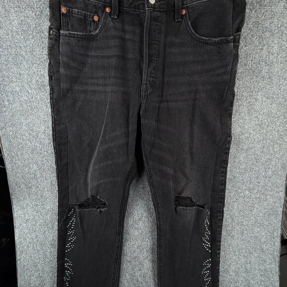 Levis Premium 501 Jeans Black Embellished Studded Denim Charcoal Wash 32x26 - Picture 1 of 16